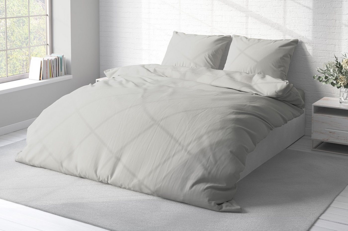 One Home Bettwäsche Unifarben Einfarbig, Renforcé, 3 teilig, Baumwolle mit Reißverschluss, Doppelbett – Bild 3 von 5