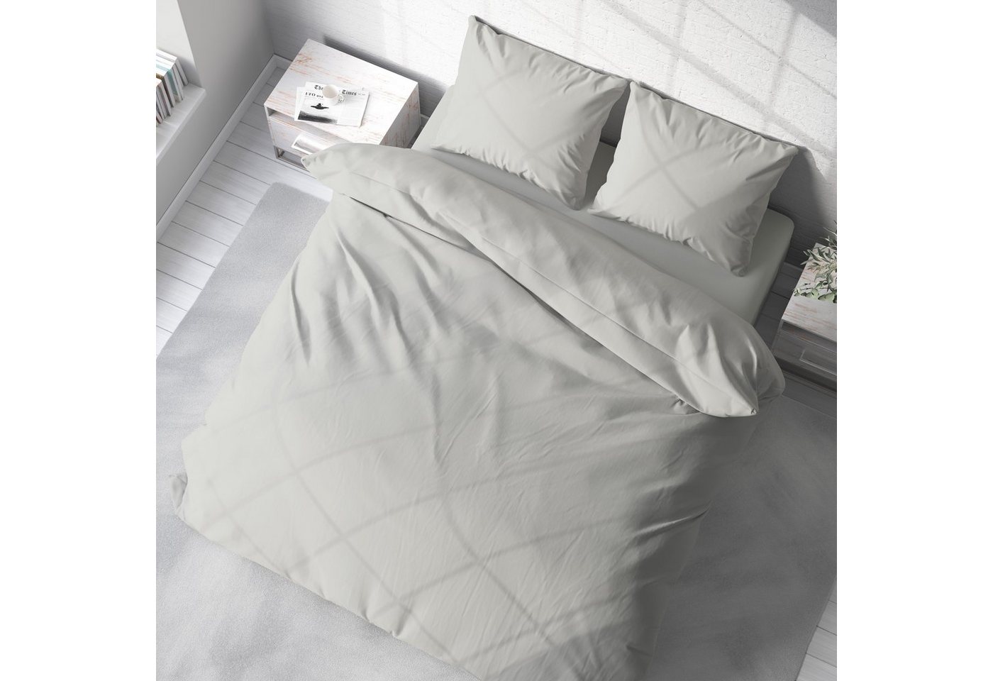 One Home Bettwäsche Unifarben Einfarbig, Renforcé, 3 teilig, Baumwolle mit Reißverschluss, Doppelbett – Bild 4 von 5