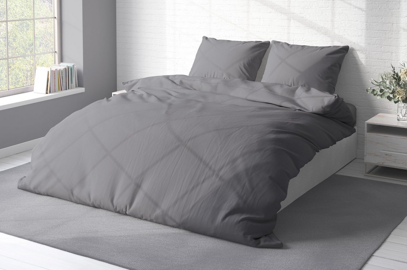 One Home Bettwäsche Unifarben Einfarbig, Renforcé, 3 teilig, Baumwolle mit Reißverschluss, Doppelbett – Bild 3 von 5