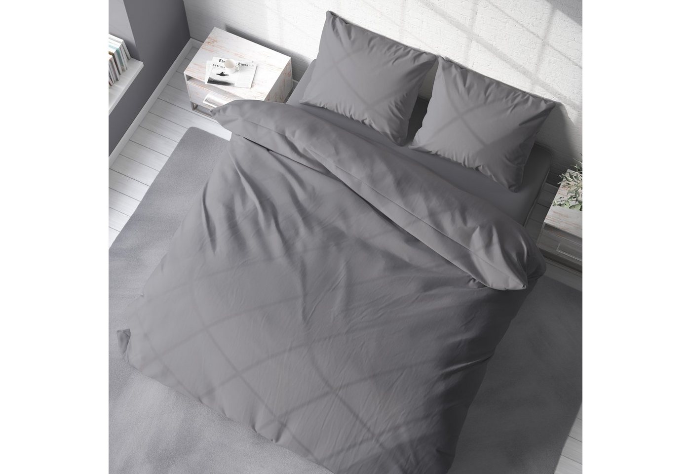 One Home Bettwäsche Unifarben Einfarbig, Renforcé, 3 teilig, Baumwolle mit Reißverschluss, Doppelbett – Bild 4 von 5