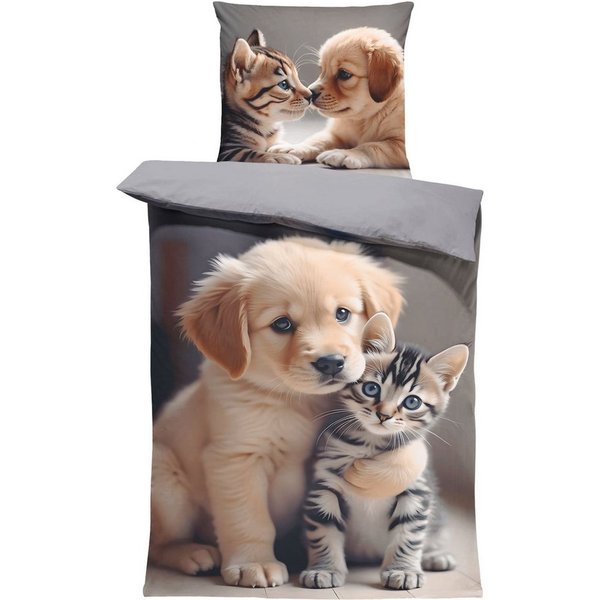 One Home Bettwäsche Winter, Flanell, 2 teilig, niedliche Hunde Katzen Welpen, kuschelig warme weiche Baumwolle Biber