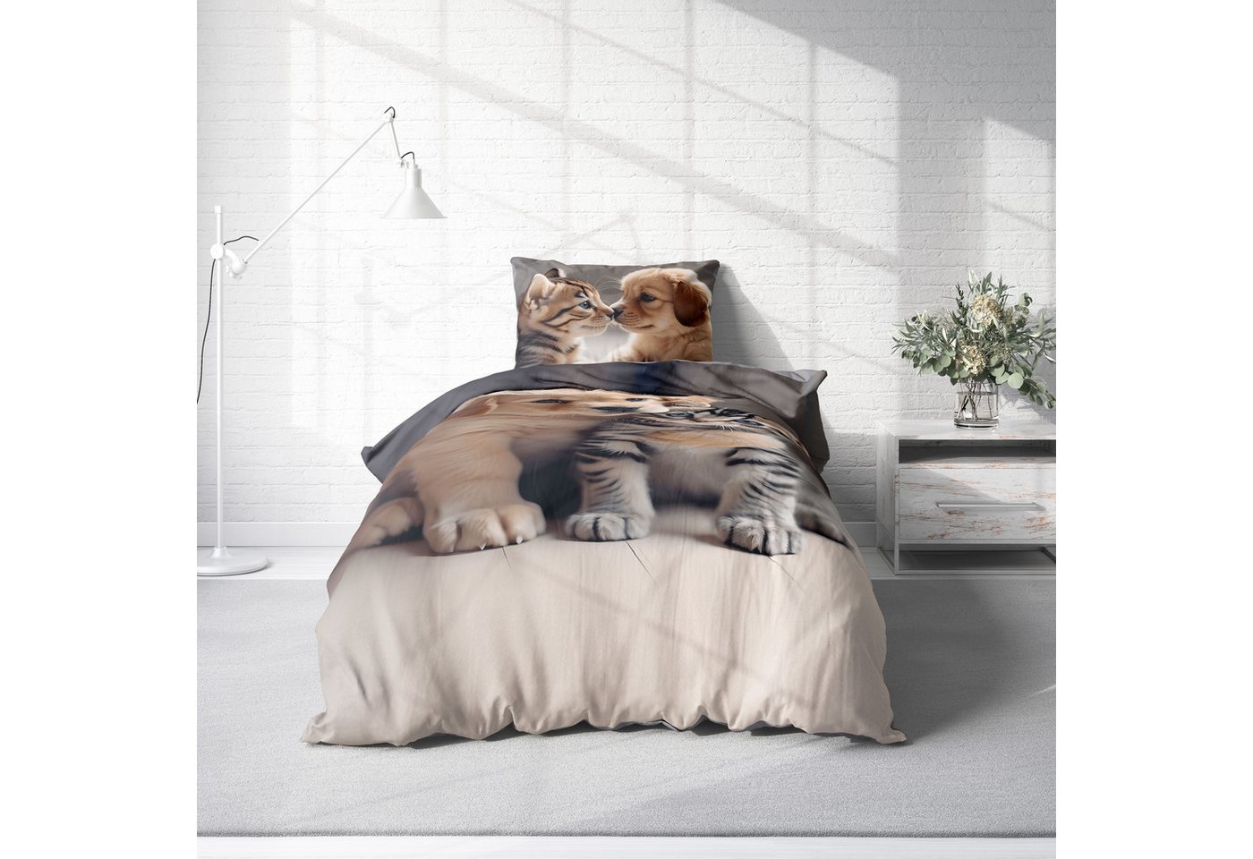 One Home Bettwäsche Winter, Flanell, 2 teilig, niedliche Hunde Katzen Welpen, kuschelig warme weiche Baumwolle Biber – Bild 2 von 5