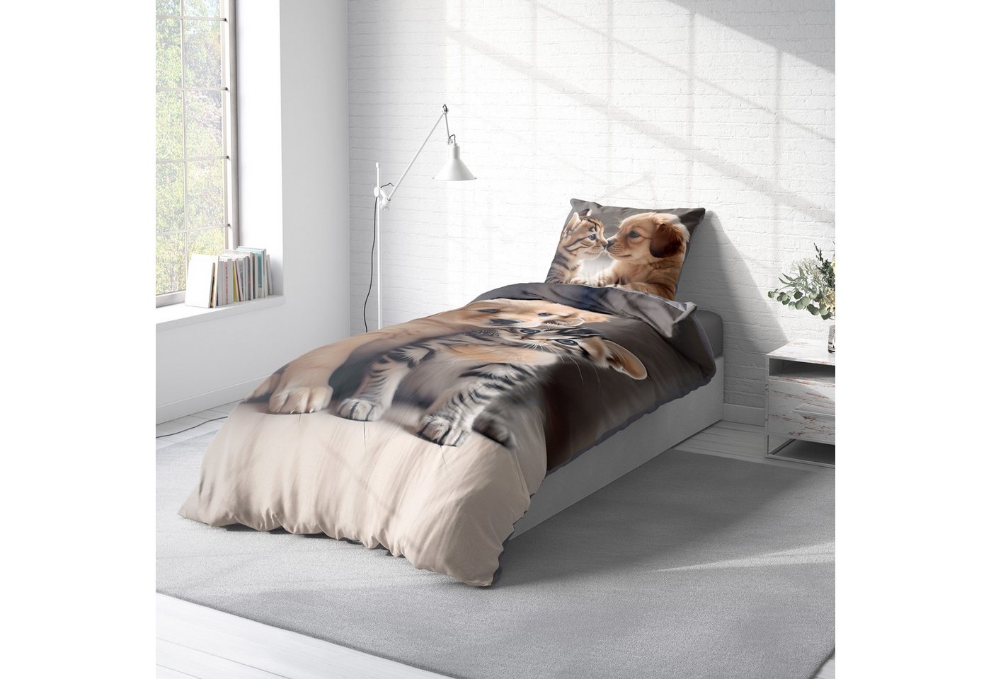 One Home Bettwäsche Winter, Flanell, 2 teilig, niedliche Hunde Katzen Welpen, kuschelig warme weiche Baumwolle Biber – Bild 3 von 5
