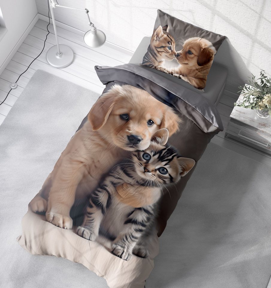 One Home Bettwäsche Winter, Flanell, 2 teilig, niedliche Hunde Katzen Welpen, kuschelig warme weiche Baumwolle Biber – Bild 4 von 5
