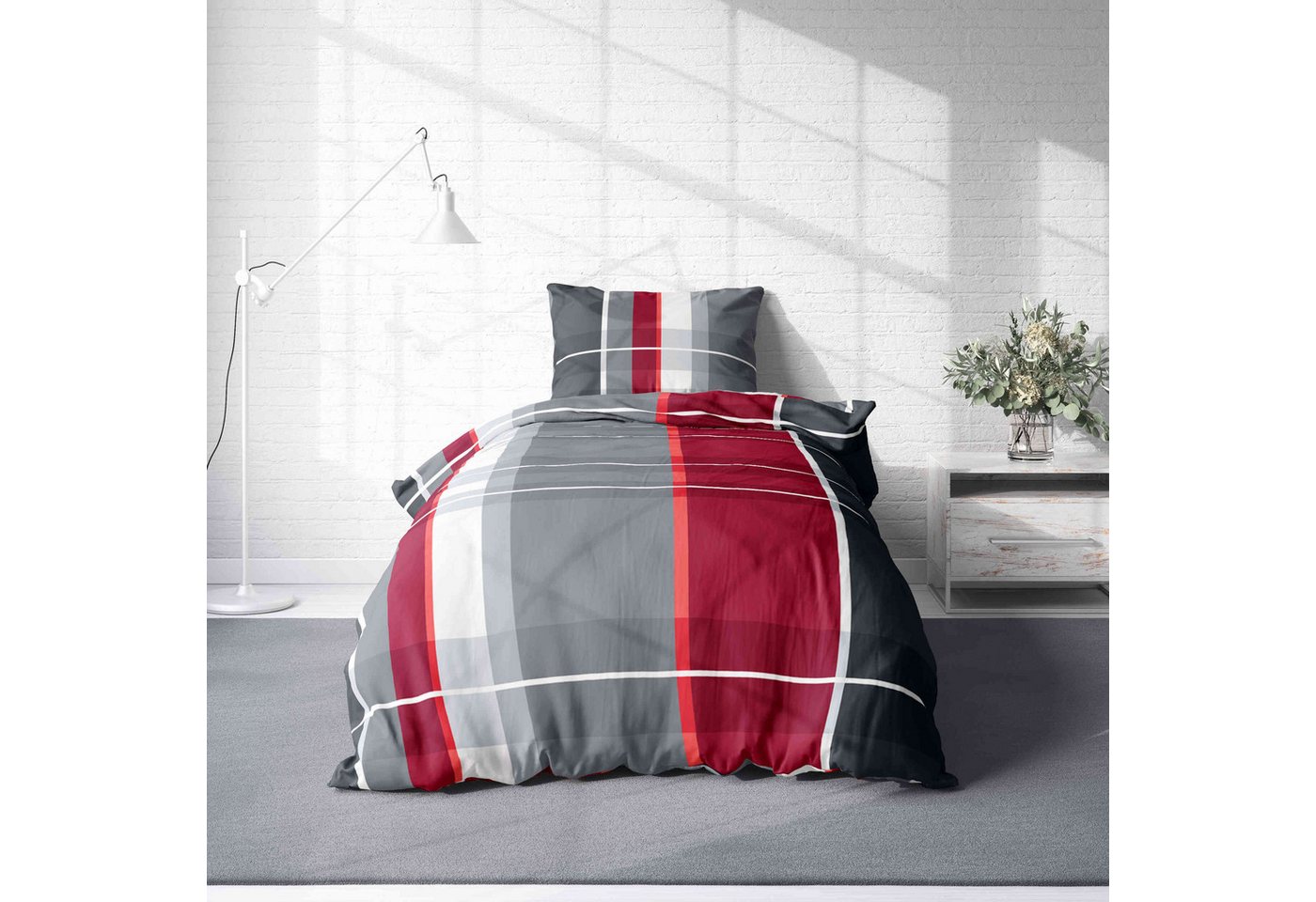 One Home Bettwäsche Winter, Flanell, 4 teilig, kariert gestreift, kuschelig flauschig warme weiche Baumwolle Biber – Bild 2 von 5