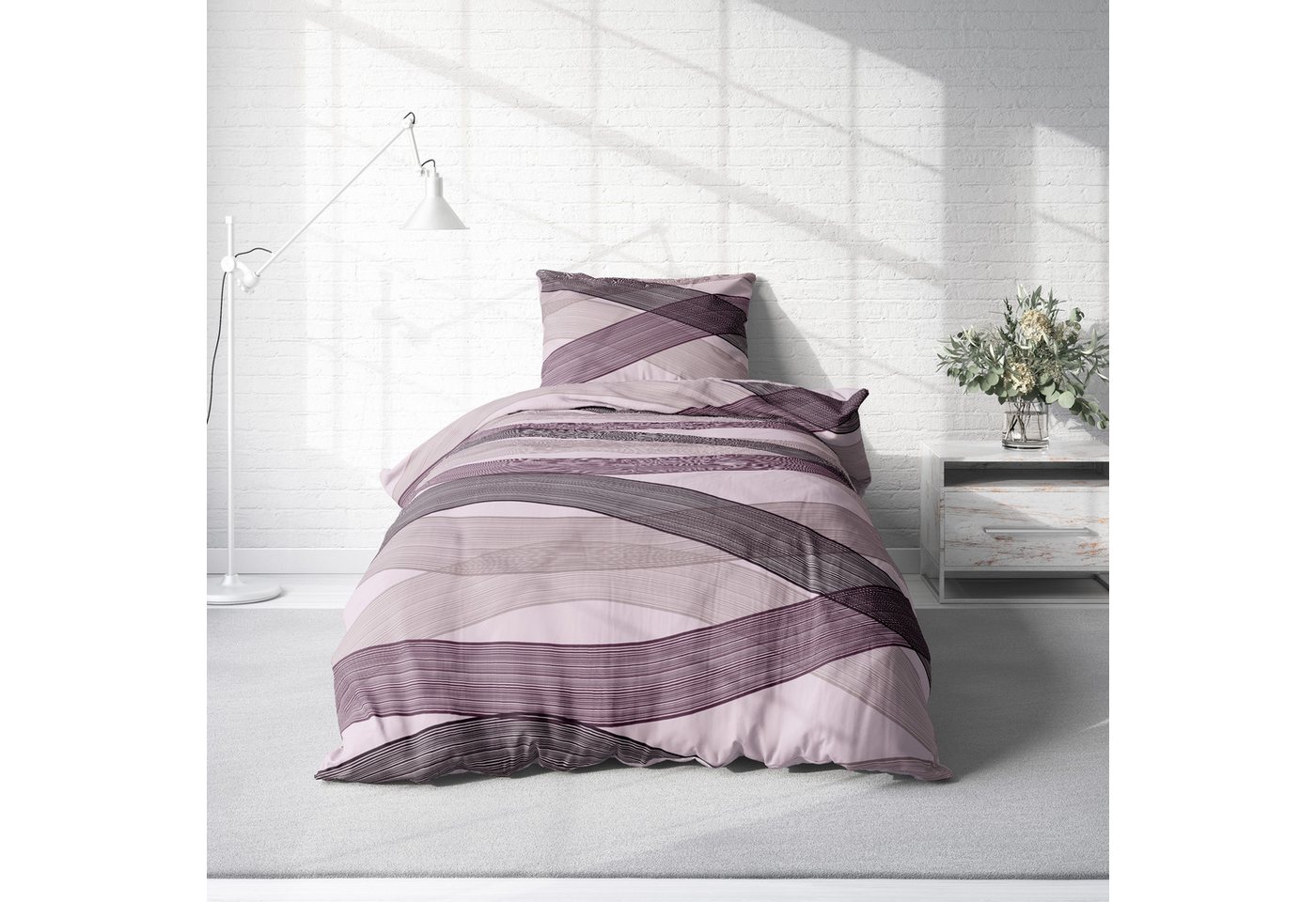 One Home Bettwäsche Winter, Flanell, 2 teilig, modern geschwungen, kuschelig flauschig warme weiche Baumwolle Biber – Bild 2 von 5