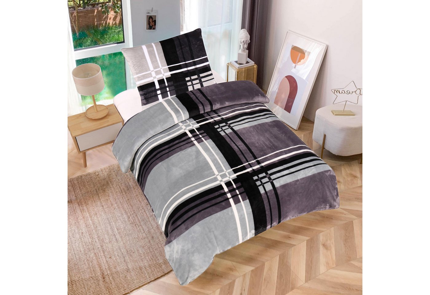 One Home Bettwäsche Winter Cashmere Touch Adzo, Fleece, 2 teilig, gestreift grafisch, flauschig warmes Teddy Plüsch Normalgröße – Bild 2 von 5