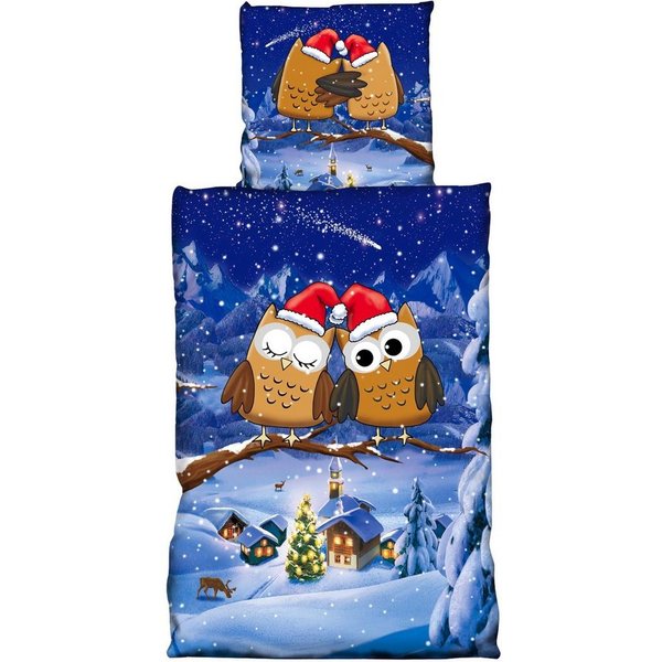 One Home Bettwäsche Winter Eulen, Fleece, 2 teilig, Weihnachten und Winterdorf, kuschelig flauschig warm weich Winter