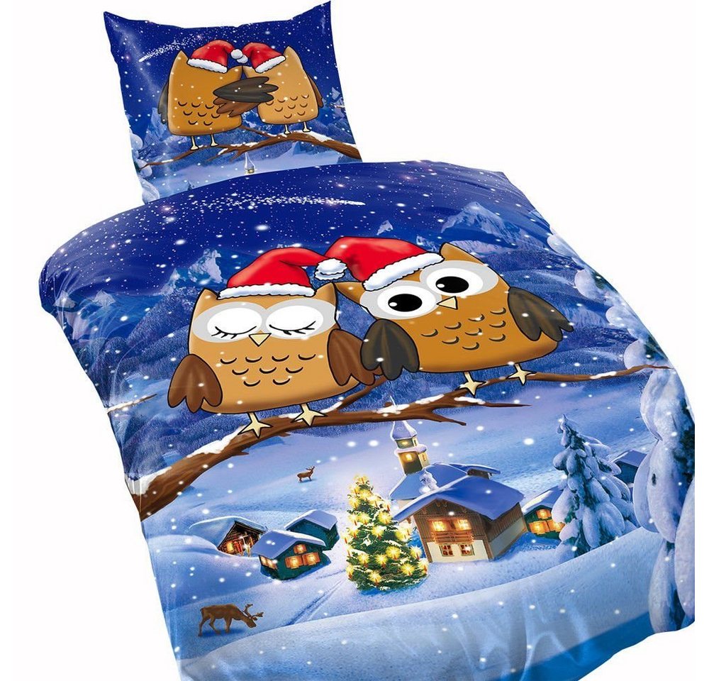 One Home Bettwäsche Winter Eulen, Fleece, 2 teilig, Weihnachten und Winterdorf, kuschelig flauschig warm weich Winter – Bild 2 von 5