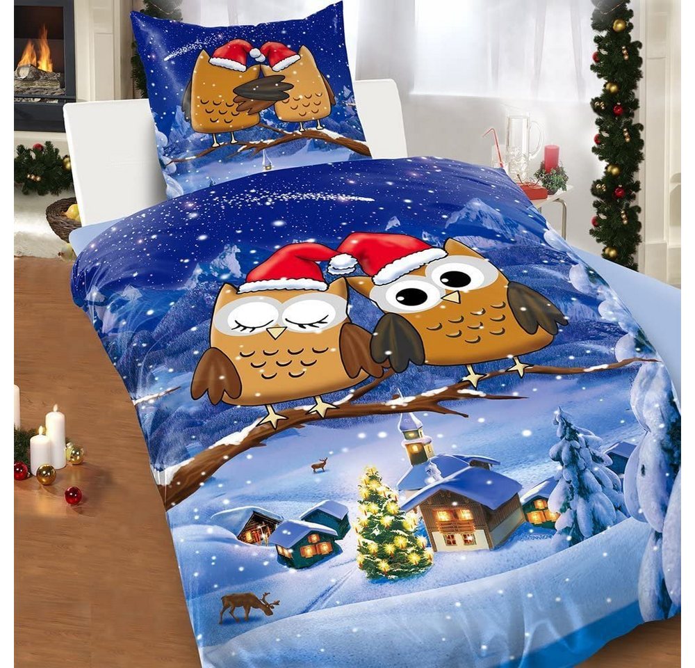 One Home Bettwäsche Winter Eulen, Fleece, 2 teilig, Weihnachten und Winterdorf, kuschelig flauschig warm weich Winter – Bild 3 von 5