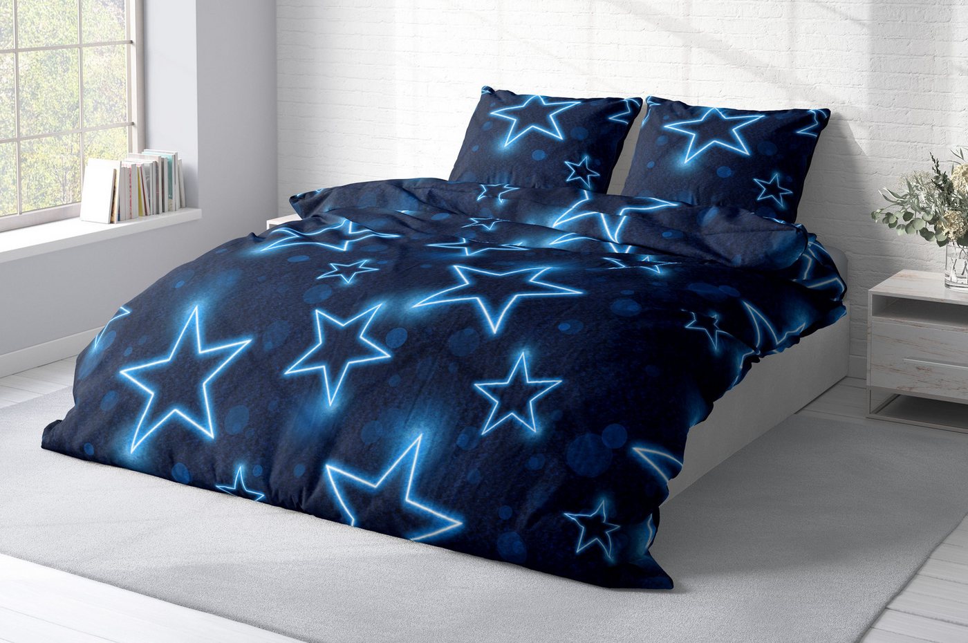 One Home Bettwäsche Winter Thermofleece, Fleece, 3 teilig, Sterne leuchtoptik, kuschelig flauschig warm weich Modern – Bild 3 von 5