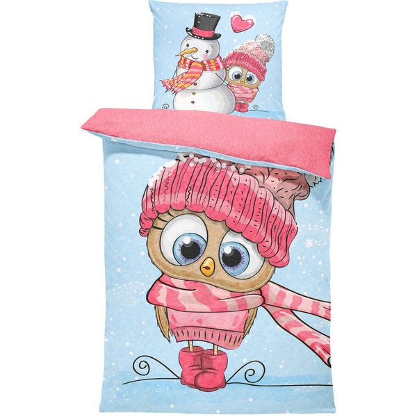One Home Bettwäsche Winter Thermofleece, Fleece, 2 teilig, Schneemann süße Eule Herzen, kuschelig flauschig warm weich