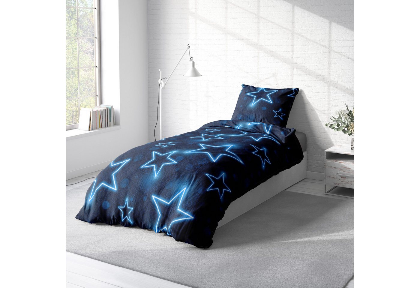 One Home Bettwäsche Winter Thermofleece, Fleece, 4 teilig, Sterne leuchtoptik, kuschelig flauschig warm weich Modern – Bild 3 von 5