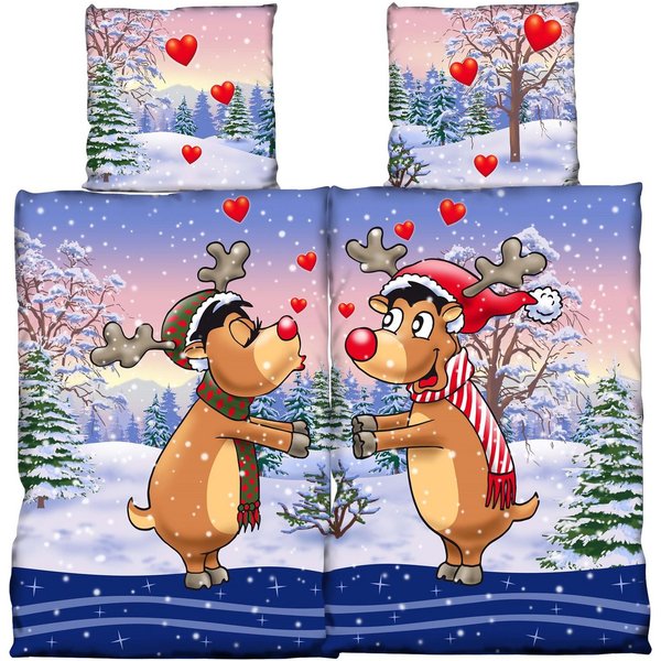 One Home Bettwäsche Winter Thermofleece, Fleece, 4 teilig, Weihnachten Partner Elche, kuschelig flauschig warm weich Modern