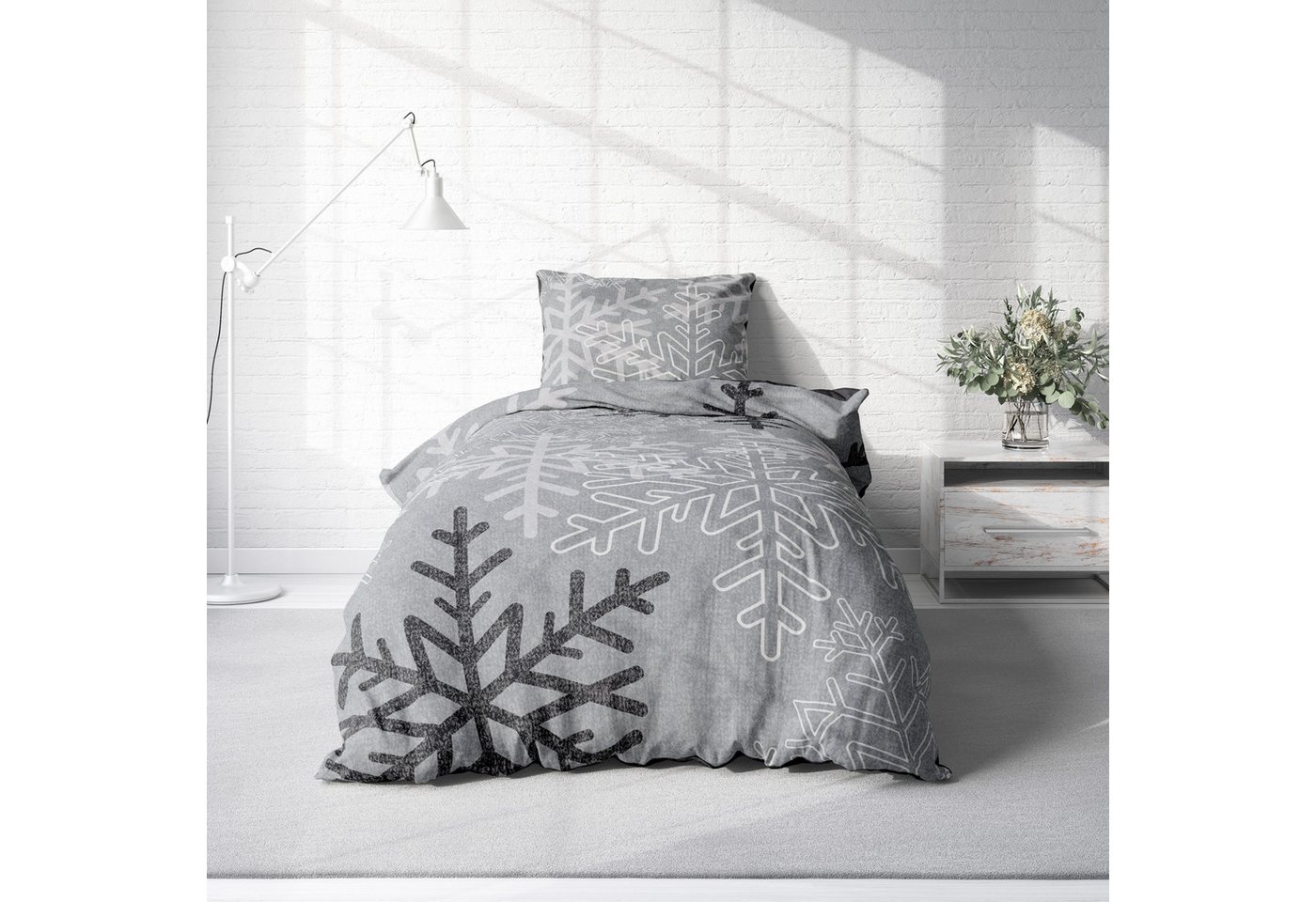 One Home Bettwäsche Winter Thermofleece, Fleece, 4 teilig, Kristalle und Schneeflocken, kuschelig flauschig warm weich Modern – Bild 2 von 5