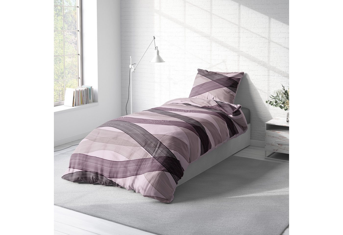 One Home Bettwäsche Winter Welle, Flanell, 4 teilig, modern geschwungen, kuschelig flauschig warme weiche Baumwolle Biber – Bild 3 von 5