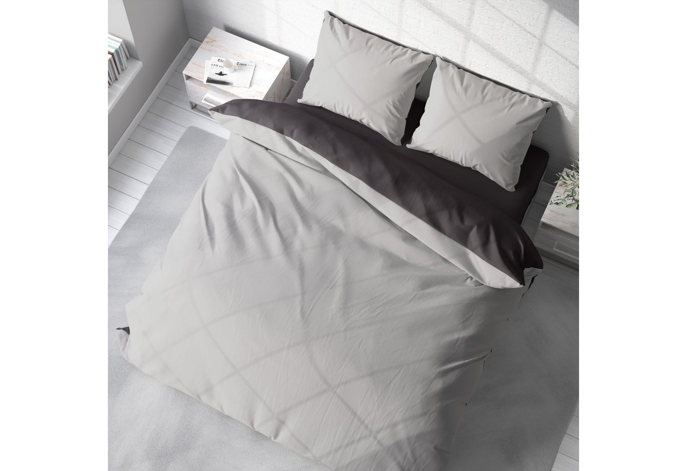One Home Wendebettwäsche Doubleface, Mikrofaser, 3 teilig, grau / anthrazit, Doppelbett – Bild 4 von 5
