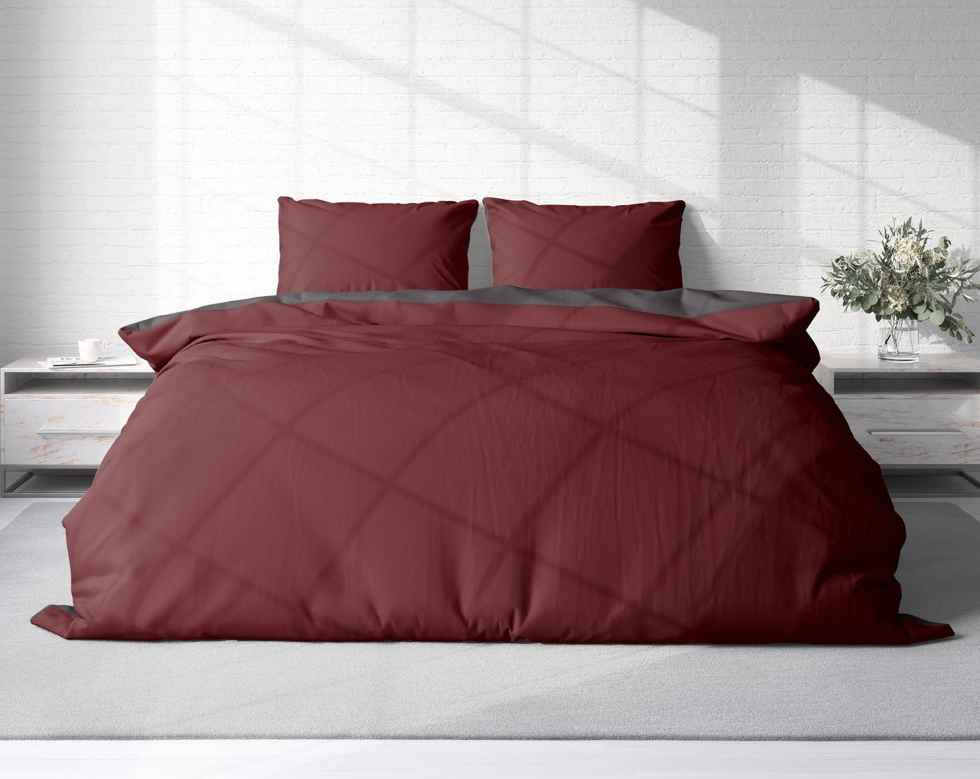 One Home Wendebettwäsche Doubleface, Mikrofaser, 3 teilig, bordeaux / anthrazit, Doppelbett – Bild 2 von 5