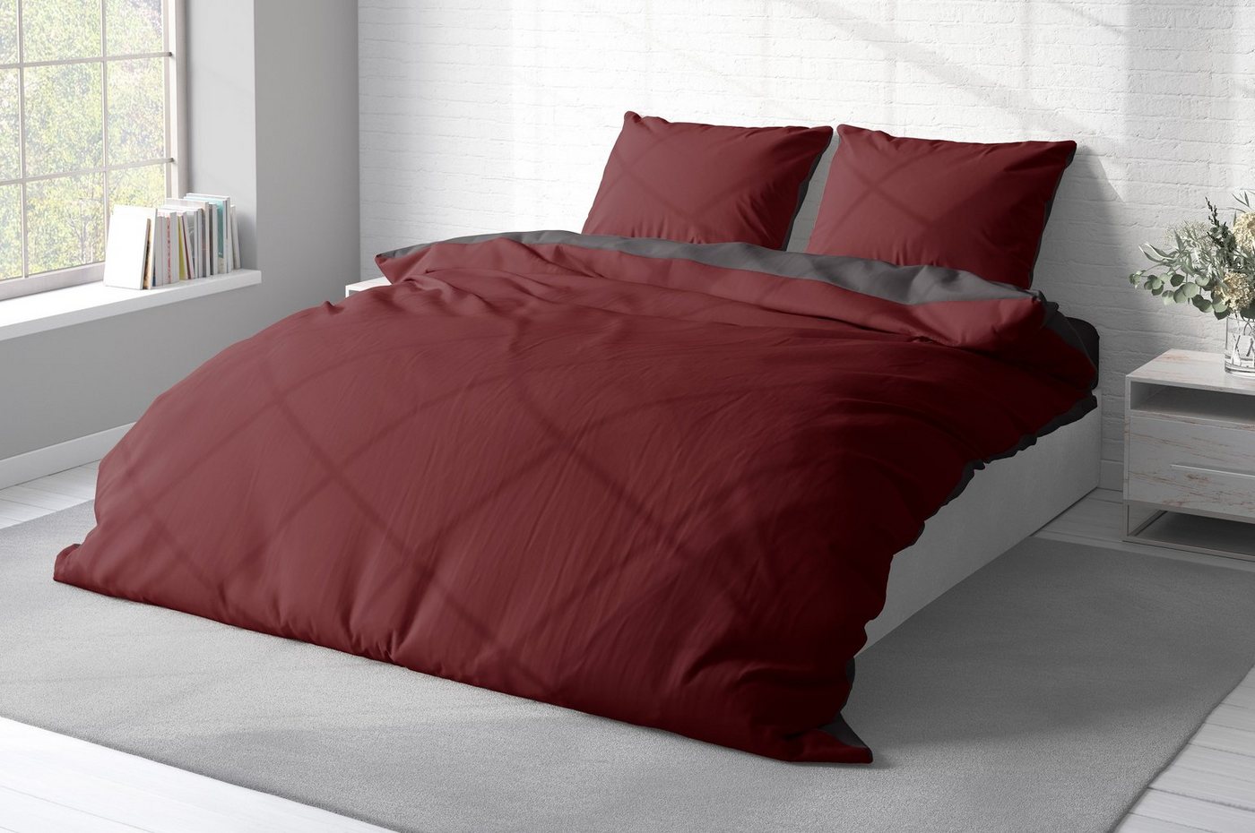 One Home Wendebettwäsche Doubleface, Mikrofaser, 3 teilig, bordeaux / anthrazit, Doppelbett – Bild 3 von 5