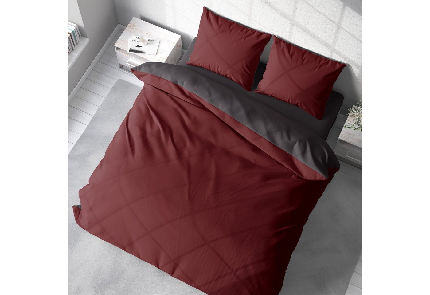 One Home Wendebettwäsche Doubleface, Mikrofaser, 3 teilig, bordeaux / anthrazit, Doppelbett – Bild 4 von 5