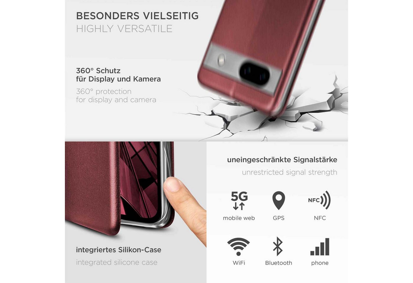 ONEFLOW Handyhülle für Google Pixel 8a Premium Hülle Business Cover Rot 6,1 Zoll, 360 Grad Schutzhülle Flip Case Etui Klapphülle Dünn Leder Handy Tasche – Bild 4 von 5