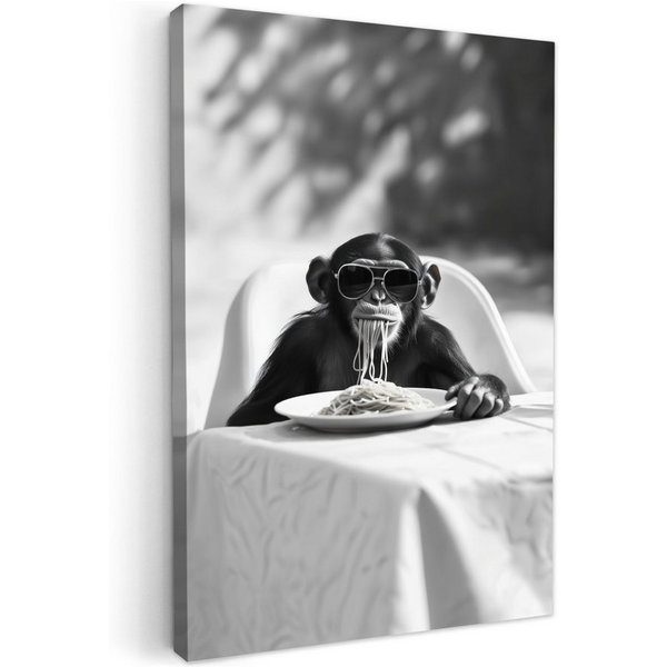 OneMillionCanvasses® Leinwandbild Affe - Spaghetti - Sonnenbrille - Schwarz und weiß - Cool - Tier, Fotodruck (1 St), Küchenbilder Modern, Deko Bilder für die K