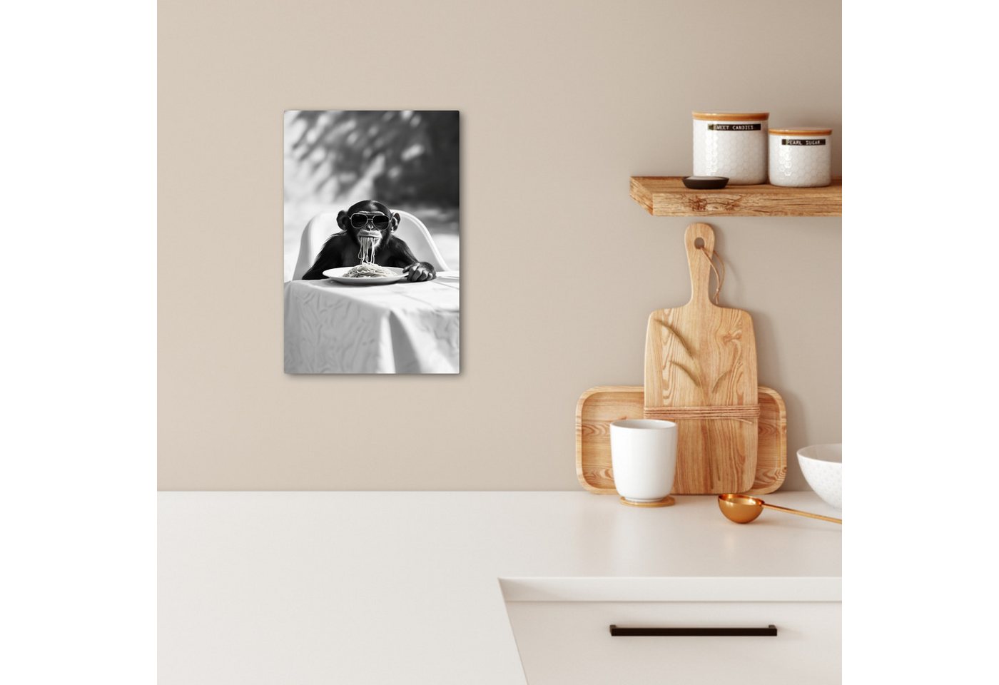 OneMillionCanvasses® Leinwandbild Affe - Spaghetti - Sonnenbrille - Schwarz und weiß - Cool - Tier, Fotodruck (1 St), Küchenbilder Modern, Deko Bilder für die K – Bild 2 von 5