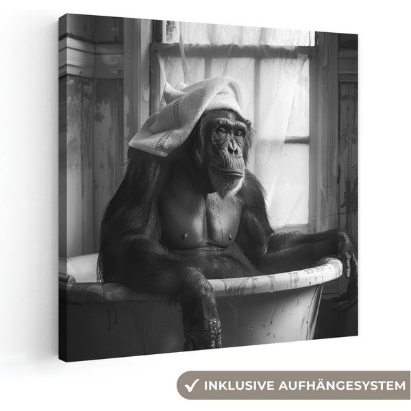 OneMillionCanvasses® Leinwandbild Affe - Tier - Bad - Schwarz - Weiß - Humor, Fotodruck (1 St), Bilder für Badezimmer, Bad und Toiletten Deko, Bild WC 30x20 cm