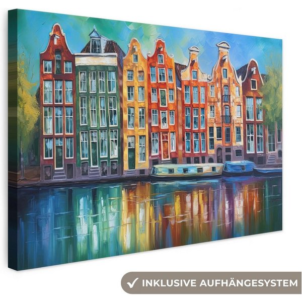 OneMillionCanvasses® Leinwandbild Amsterdam - Ölfarbenoptik - Gracht - Kunstdrucke - Kunst, Fotodruck (1 St), Leinwand Bilder Klein, Wand Dekoration Aesthetic 3