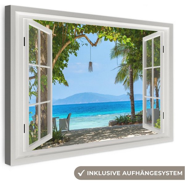 OneMillionCanvasses® Leinwandbild Aussicht - Baum - Meer - Palme - Hügel - Strand - Blau, Fotodruck (1 St), Leinwand Bilder Klein, Wand Dekoration Aesthetic 30x