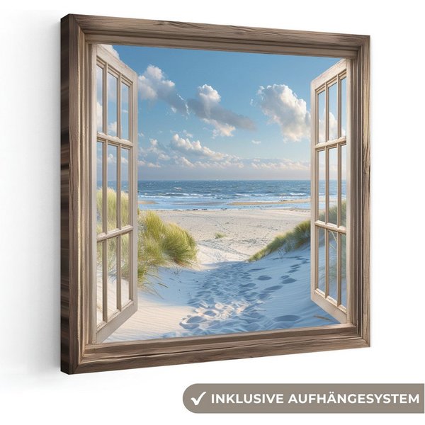 OneMillionCanvasses® Leinwandbild Aussicht - Strand - Fenster - Dünen - Meer, Fotodruck (1 St), Leinwand Bilder Klein, Wand Dekoration Aesthetic 30x20 cm