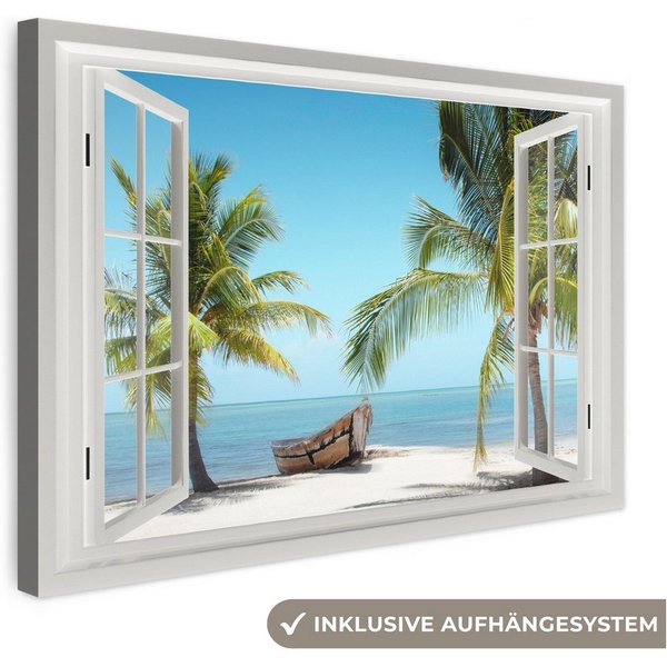 OneMillionCanvasses® Leinwandbild Aussicht - Strand - Palme - Boot - Tropisch - Meer - Blau, Fotodruck (1 St), Leinwand Bilder Klein, Wand Dekoration Aesthetic 