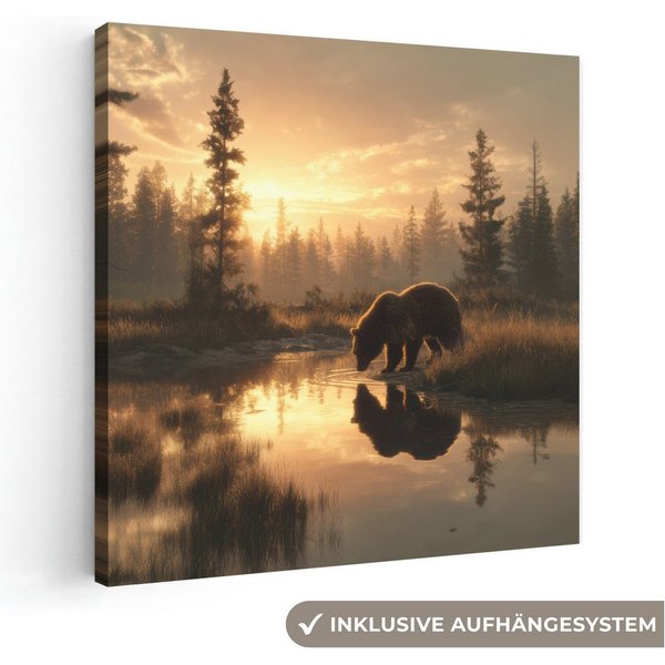 OneMillionCanvasses® Leinwandbild Bär - Wasser - Wald - Morgenlicht, Fotodruck (1 St), Leinwand Bilder Klein, Wand Dekoration Aesthetic 30x20 cm