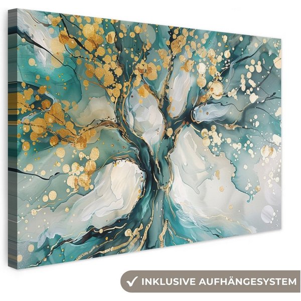 OneMillionCanvasses® Leinwandbild Baum - Modern - Farboptik - Türkis - Gold, Fotodruck (1 St), Leinwand Canvas Wandbild, Wanddekoration 20x30 cm