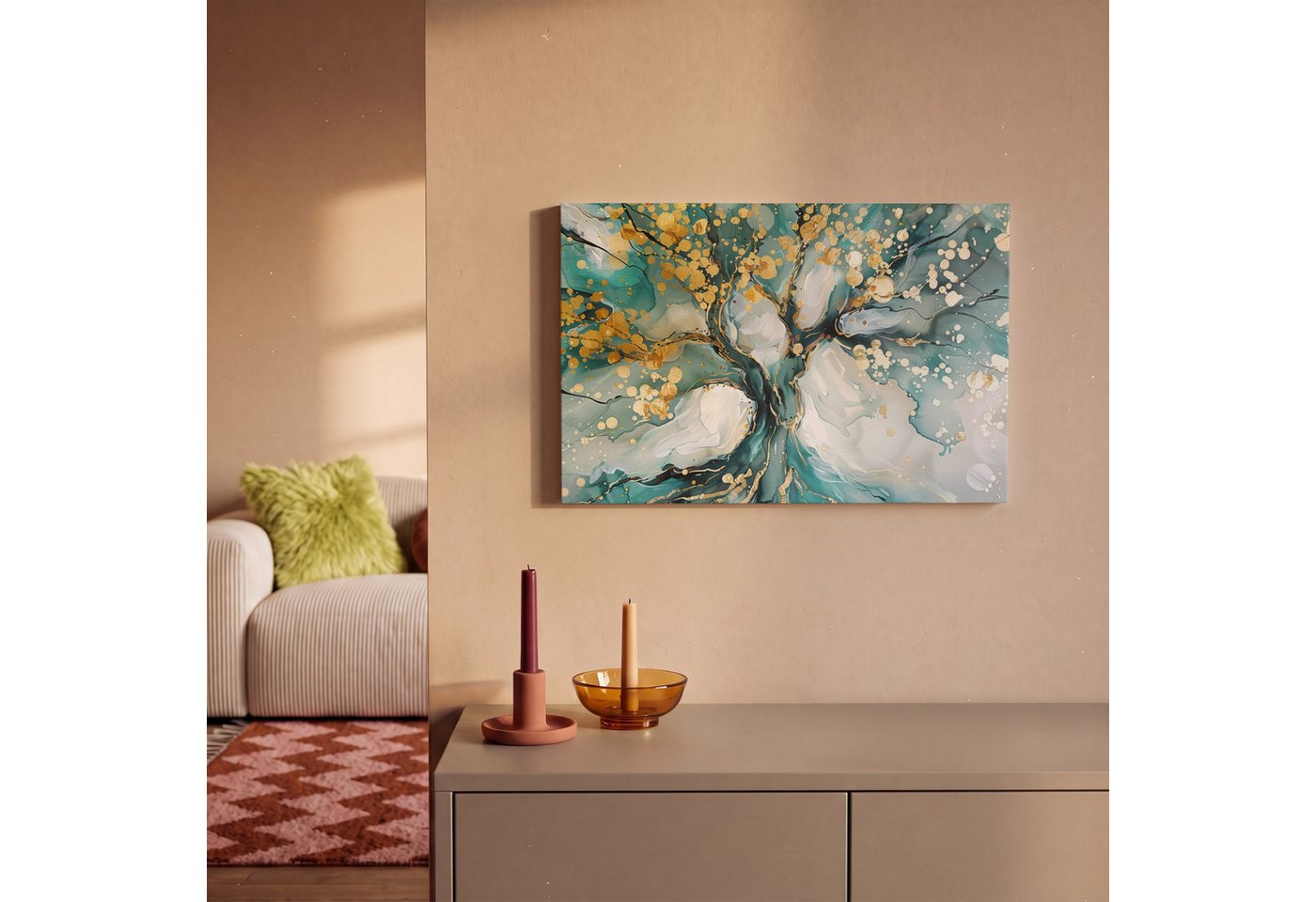OneMillionCanvasses® Leinwandbild Baum - Modern - Farboptik - Türkis - Gold, Fotodruck (1 St), Leinwand Canvas Wandbild, Wanddekoration 20x30 cm – Bild 2 von 5
