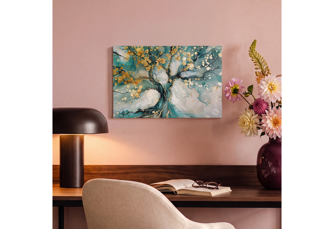 OneMillionCanvasses® Leinwandbild Baum - Modern - Farboptik - Türkis - Gold, Fotodruck (1 St), Leinwand Canvas Wandbild, Wanddekoration 20x30 cm – Bild 4 von 5