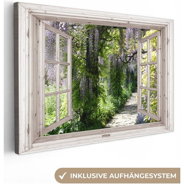 OneMillionCanvasses® Leinwandbild Blauer Regen - Blumen - Aussicht - Baum - Frühling, Fotodruck (1 St), Leinwand Bilder Klein, Wand Dekoration Aesthetic 30x20 c