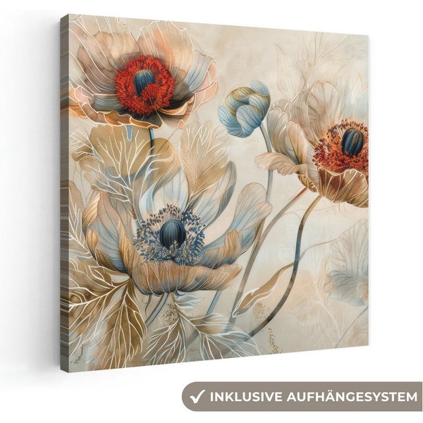 OneMillionCanvasses® Leinwandbild Blumen - Beige - Modern - Illustration, Fotodruck (1 St), Leinwand Canvas Wandbild, Wanddekoration 20x30 cm