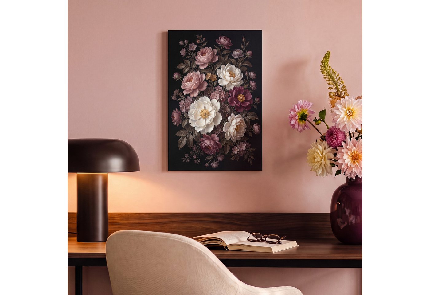 OneMillionCanvasses® Leinwandbild Blumen – Blumenstrauß – Klassisch – Dunkel – Rot, Fotodruck (1 St), Leinwand Bilder Klein, Wand Dekoration Aesthetic 30x20 cm – Bild 4 von 5