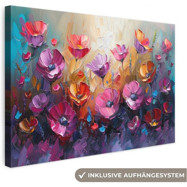 OneMillionCanvasses® Leinwandbild Blumen - Lila - Farbenfroh - Handbemalt - Kunst, Fotodruck (1 St), Leinwand Bilder Klein, Wand Dekoration Aesthetic 30x20 cm