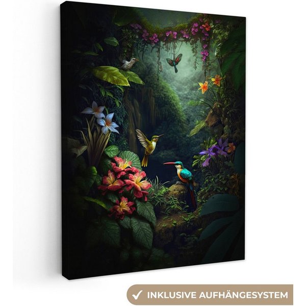 OneMillionCanvasses® Leinwandbild Blumen - Pflanzen - Dschungel - Vögel, Fotodruck (1 St), Leinwand Bilder für Wohnzimmer Schlafzimmer 30x40 cm