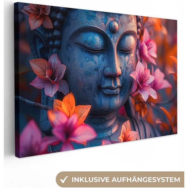 OneMillionCanvasses® Leinwandbild Buddha - Porträt - Blumen - Bild, Fotodruck (1 St), Wandbild, Deko Schlafzimmer Wohnzimmer Flur 20x20 cm