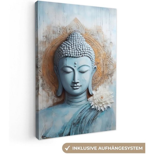 OneMillionCanvasses® Leinwandbild Buddha - Statue - Blau - Braun - Blume, Fotodruck (1 St), Leinwand Canvas Wandbild, Wanddekoration 20x30 cm