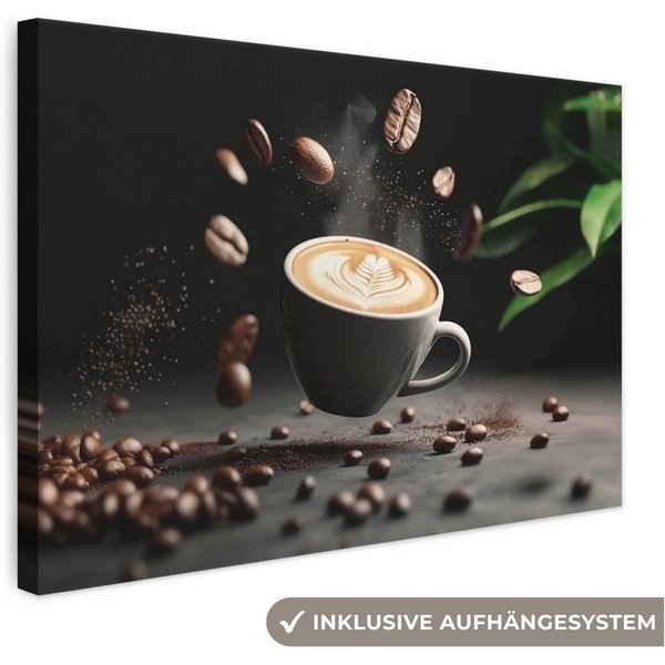 OneMillionCanvasses® Leinwandbild Cappuccino - Tasse - Bohnen - Braun, Fotodruck (1 St), Wandbilder für Esszimmer, Wanddeko Bilder Küche, 20x20 cm