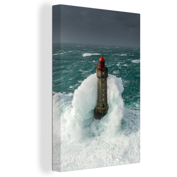 OneMillionCanvasses® Leinwandbild Der Leuchtturm von la Jument in Frankreich vor einem grauen Himmel, Fotodruck (1 St), Leinwand Canvas Wandbild, Wanddekoration