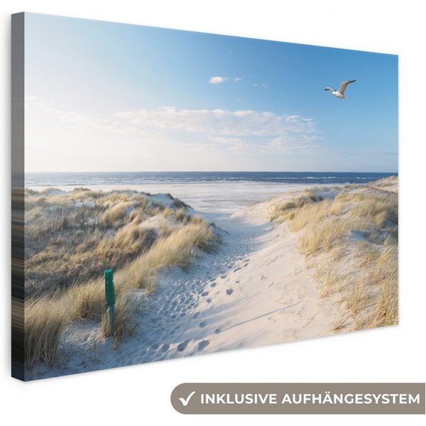 OneMillionCanvasses® Leinwandbild Düne - Möwe - Strand - Meer - Sonne, Fotodruck (1 St), Leinwand Bilder Klein, Wand Dekoration Aesthetic 30x20 cm