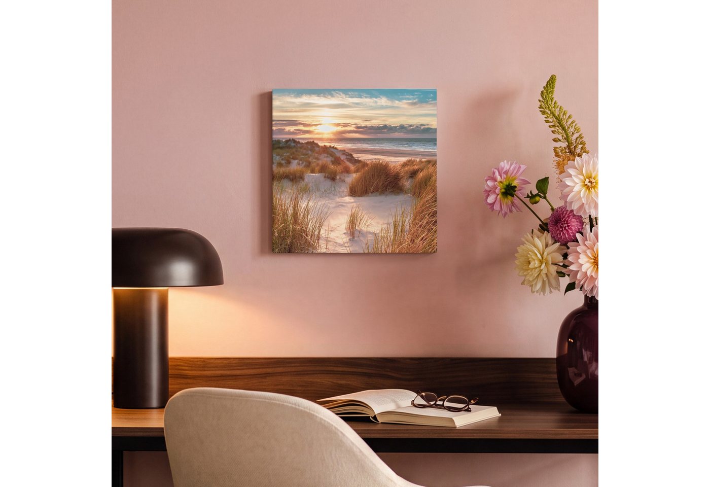 OneMillionCanvasses® Leinwandbild Düne - Pflanzen - Sonnenuntergang - Strand - Meer, Fotodruck (1 St), Leinwand Bilder Klein, Wand Dekoration Aesthetic 30x20 cm – Bild 4 von 5