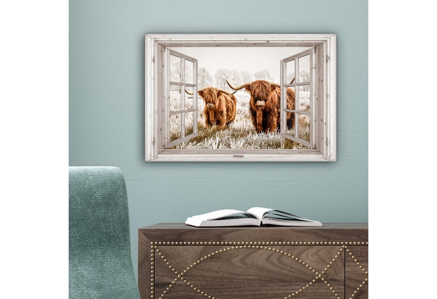 OneMillionCanvasses® Leinwandbild Durchblick - Schottische Highlander - Tiere, Fotodruck (1 St), Leinwand Bilder Klein, Wand Dekoration Aesthetic 30x20 cm – Bild 5 von 5