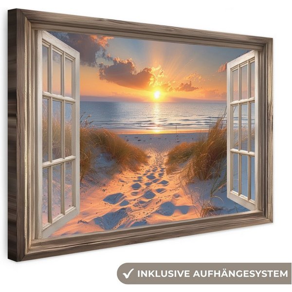 OneMillionCanvasses® Leinwandbild Durchblick - Strand - Dünen - Sonnenuntergang, Fotodruck (1 St), Leinwand Canvas Wandbild, Wanddekoration 20x30 cm