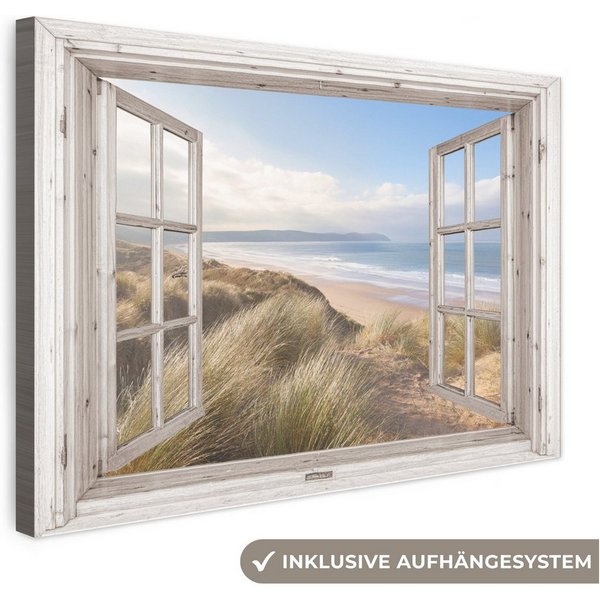 OneMillionCanvasses® Leinwandbild Durchblick - Strand - Meer - Dünen - Strandgras - Sand - Blau, Fotodruck (1 St), Leinwand Bilder Klein, Wand Dekoration Aesthe